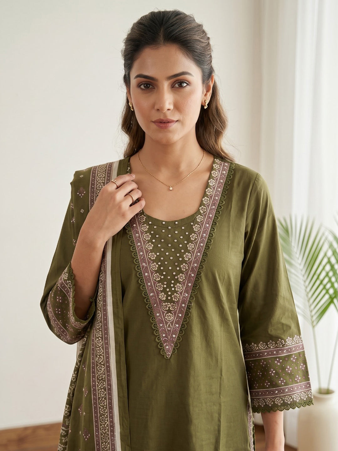 Green Printed Cotton Blend Kurta With Pant &amp; Dupatta