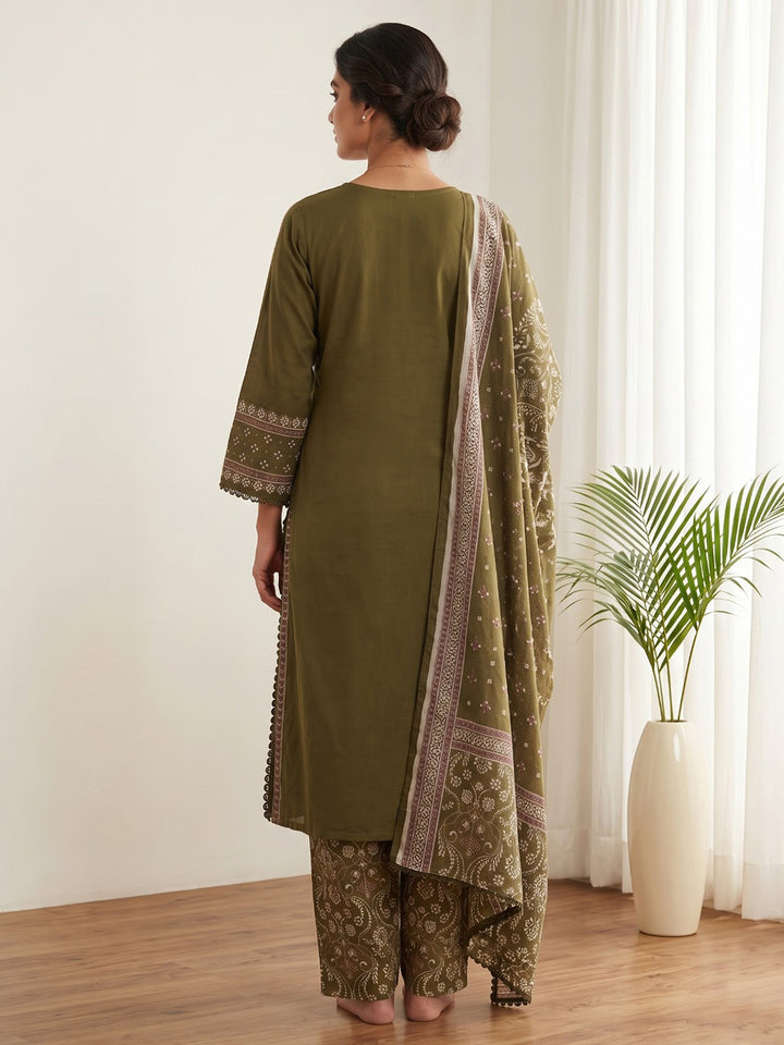 Green Printed Cotton Blend Kurta With Pant &amp; Dupatta