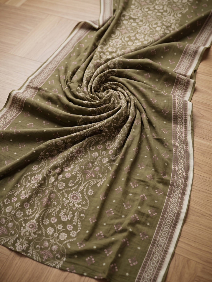 Green Printed Cotton Blend Kurta With Pant &amp; Dupatta