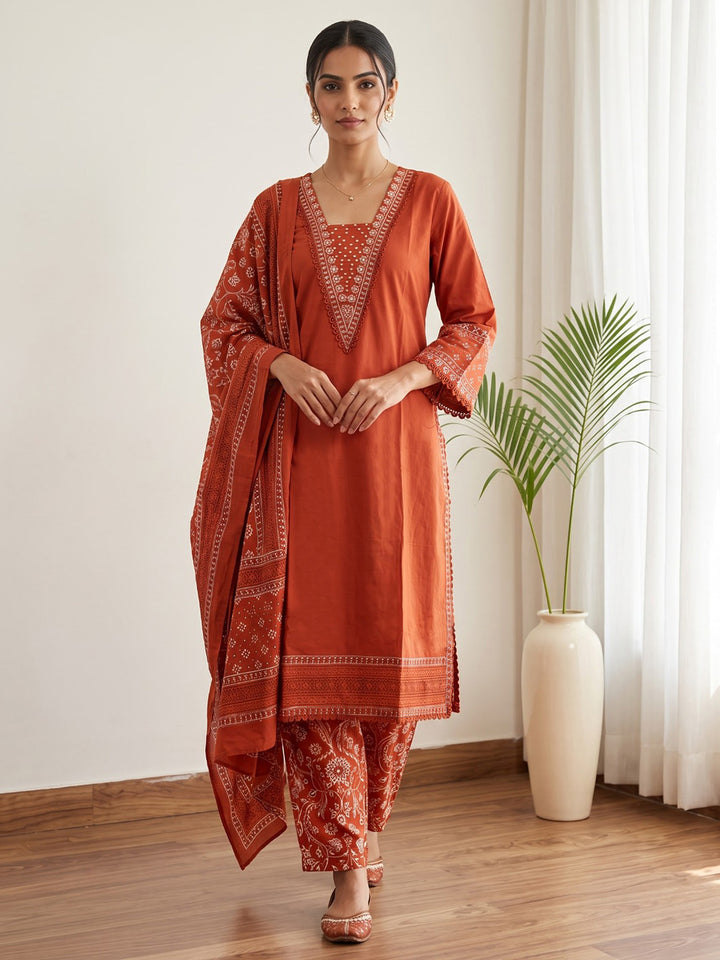 Rust Printed Cotton Blend Kurta With Pant &amp; Dupatta