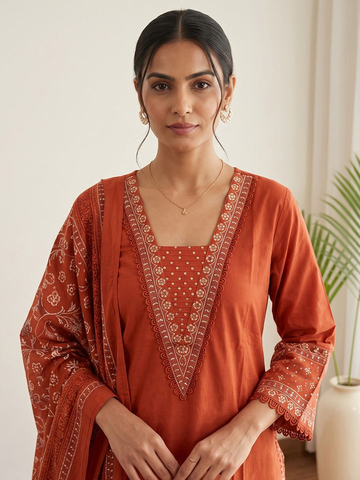 Rust Printed Cotton Blend Kurta With Pant &amp; Dupatta