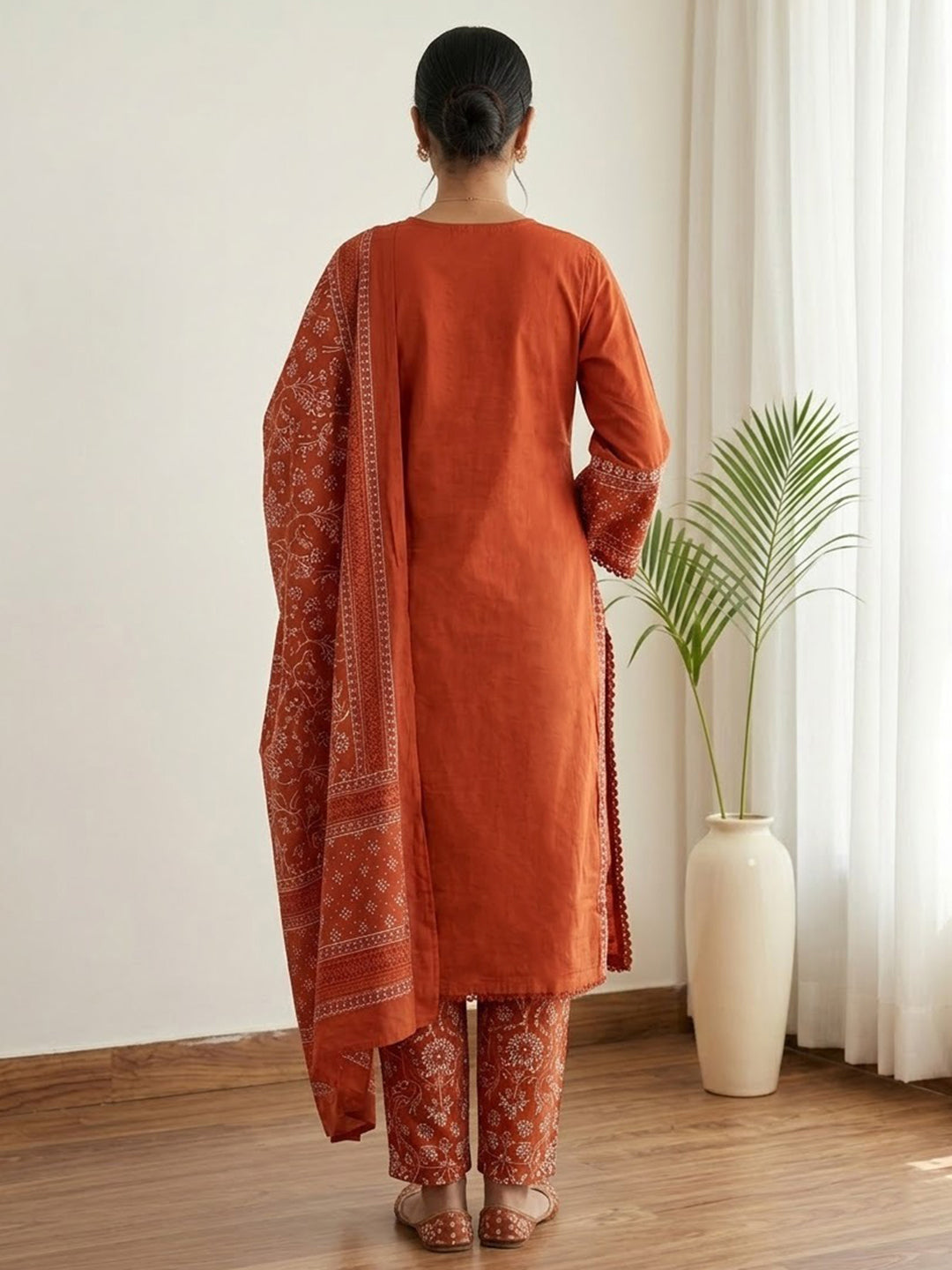 Rust Printed Cotton Blend Kurta With Pant &amp; Dupatta