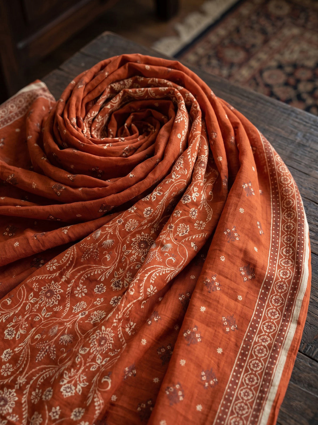 Rust Printed Cotton Blend Kurta With Pant &amp; Dupatta