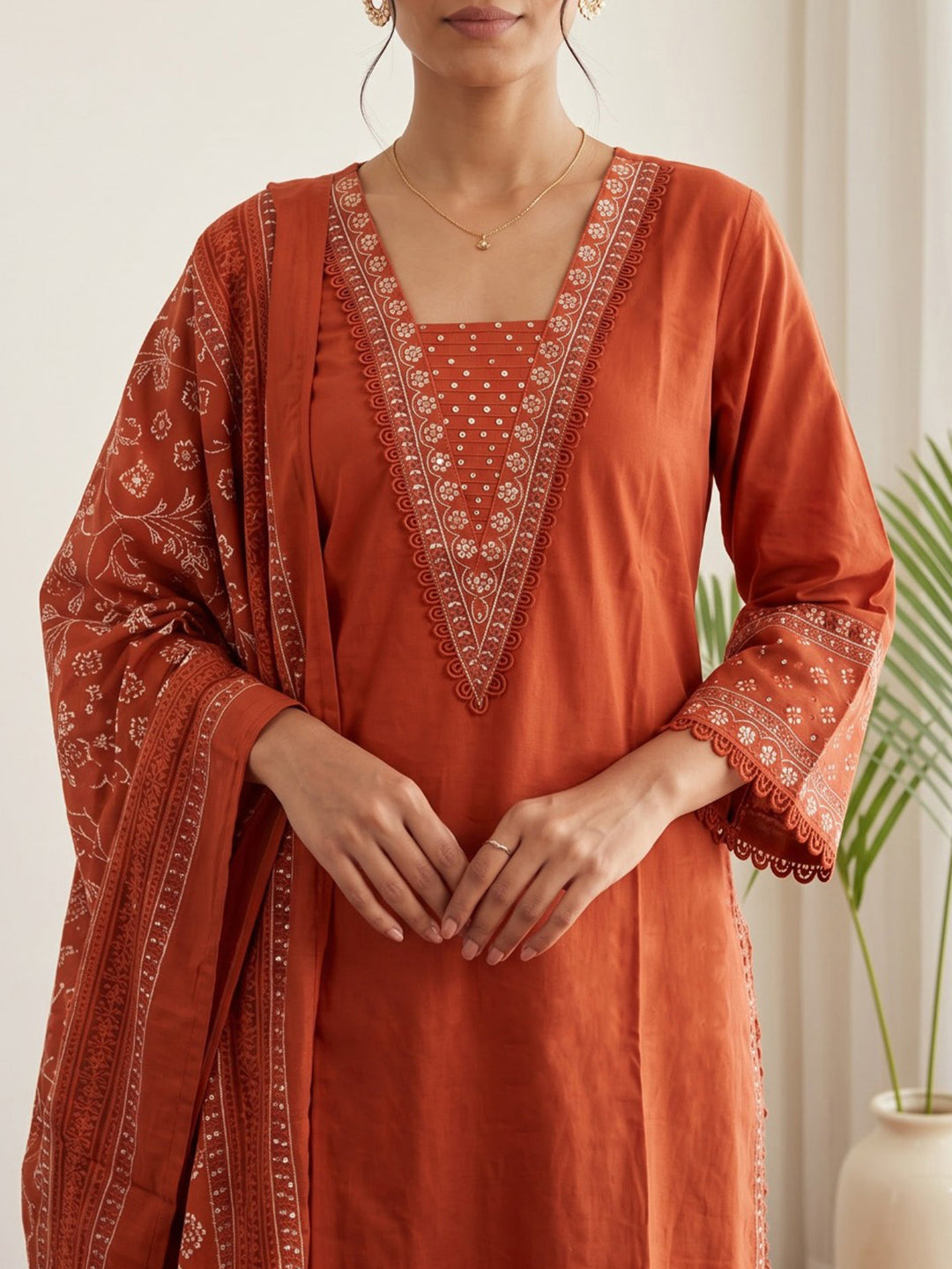 Rust Printed Cotton Blend Kurta With Pant &amp; Dupatta