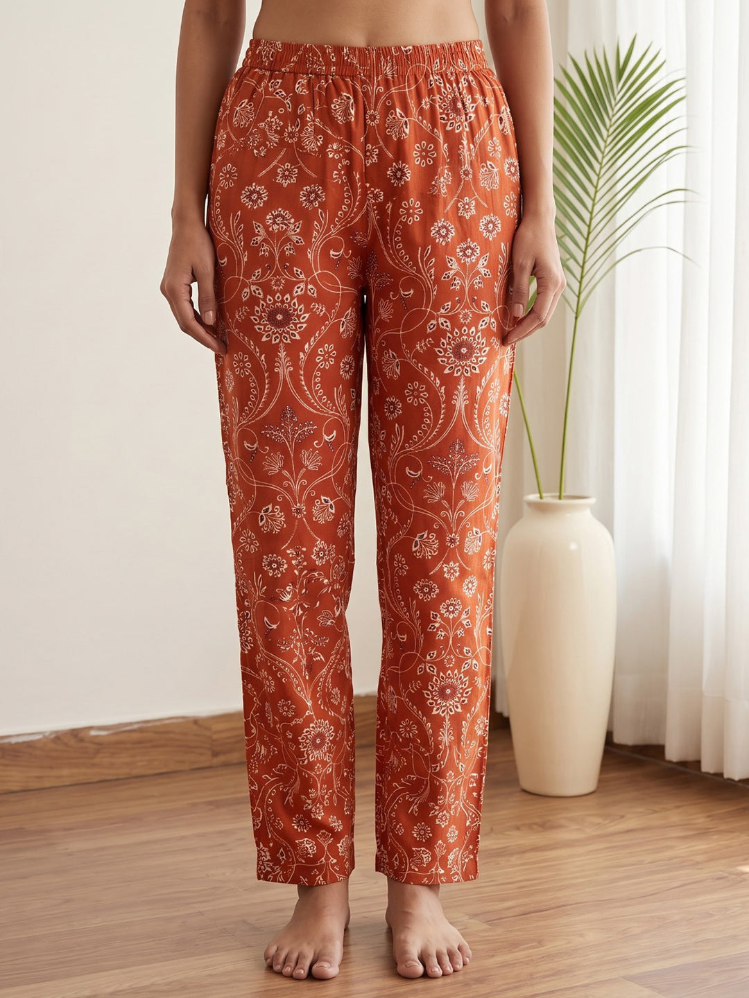 Rust Printed Cotton Blend Kurta With Pant &amp; Dupatta