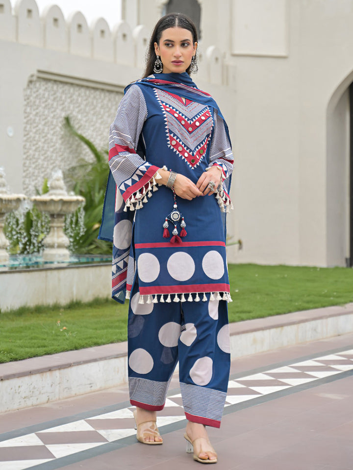 Blue Embroidered Cotton Blend Kurta With Pant &amp; Dupatta