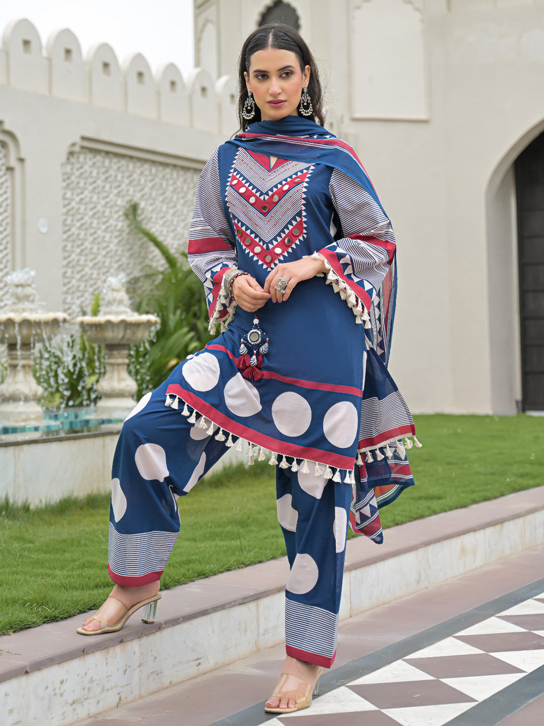 Blue Embroidered Cotton Blend Kurta With Pant &amp; Dupatta