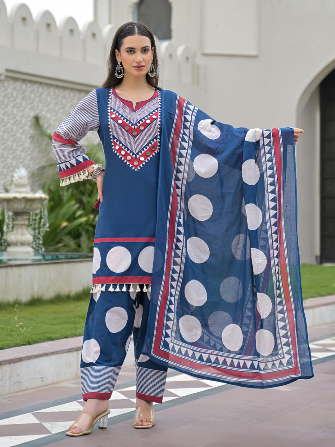 Blue Embroidered Cotton Blend Kurta With Pant &amp; Dupatta