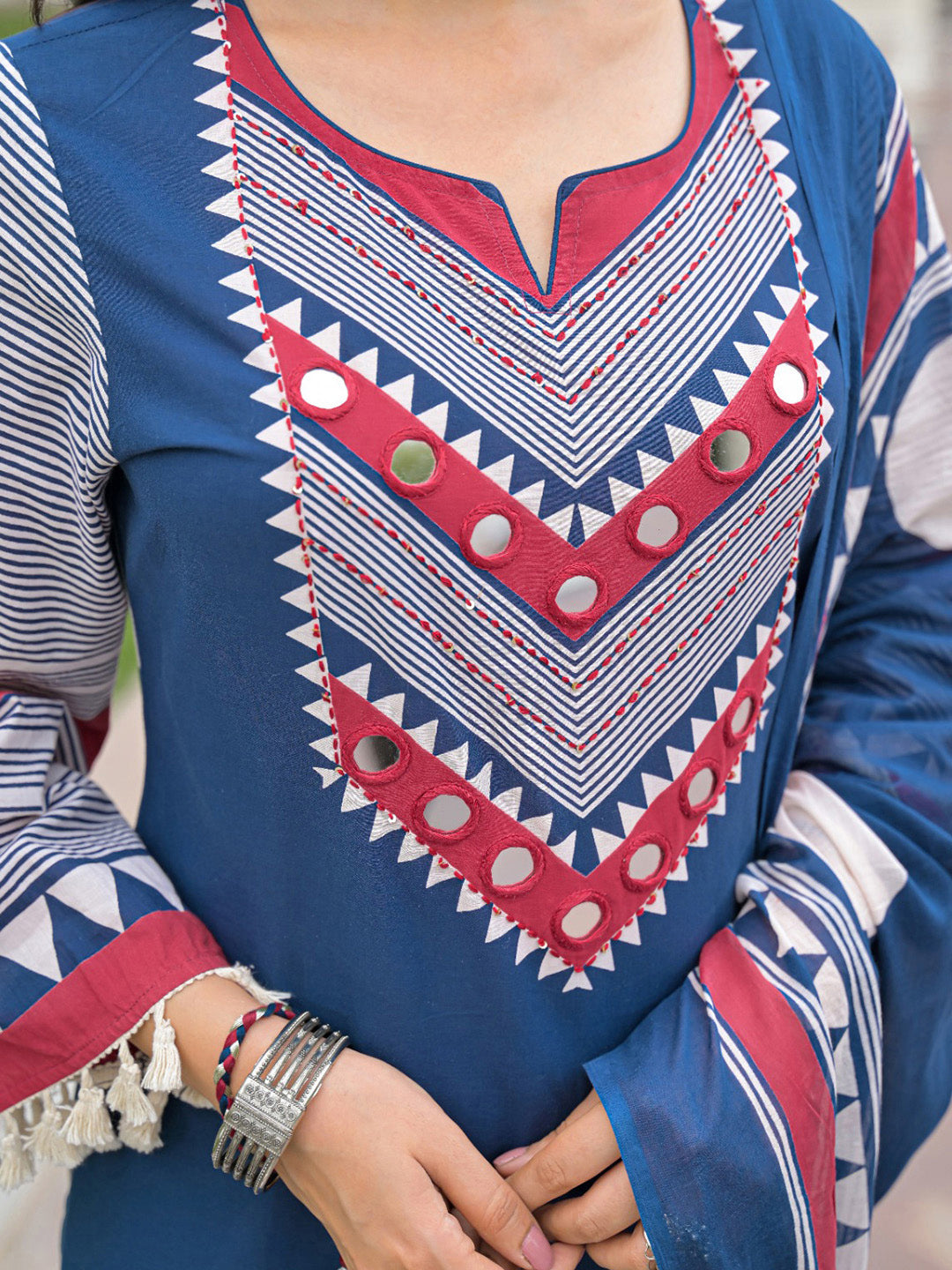 Blue Embroidered Cotton Blend Kurta With Pant &amp; Dupatta