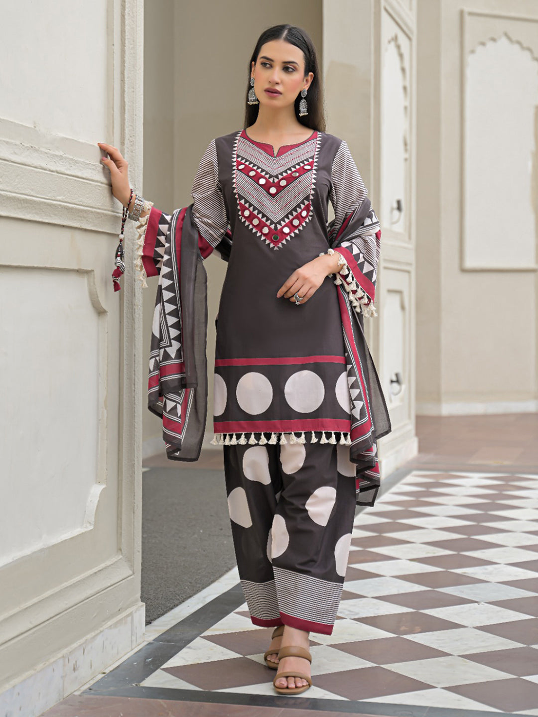 Grey Embroidered Cotton Blend Kurta With Pant &amp; Dupatta