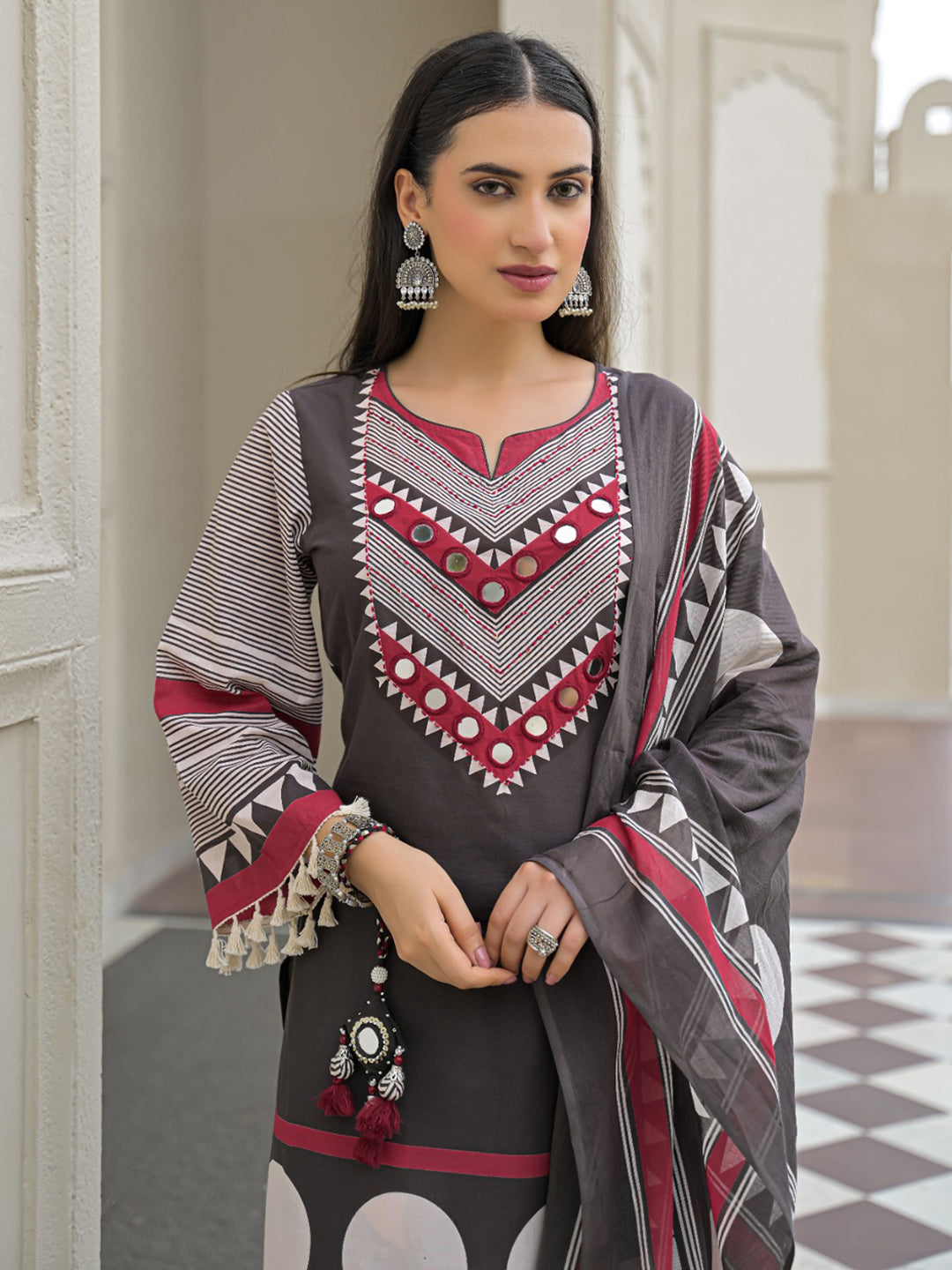 Grey Embroidered Cotton Blend Kurta With Pant &amp; Dupatta