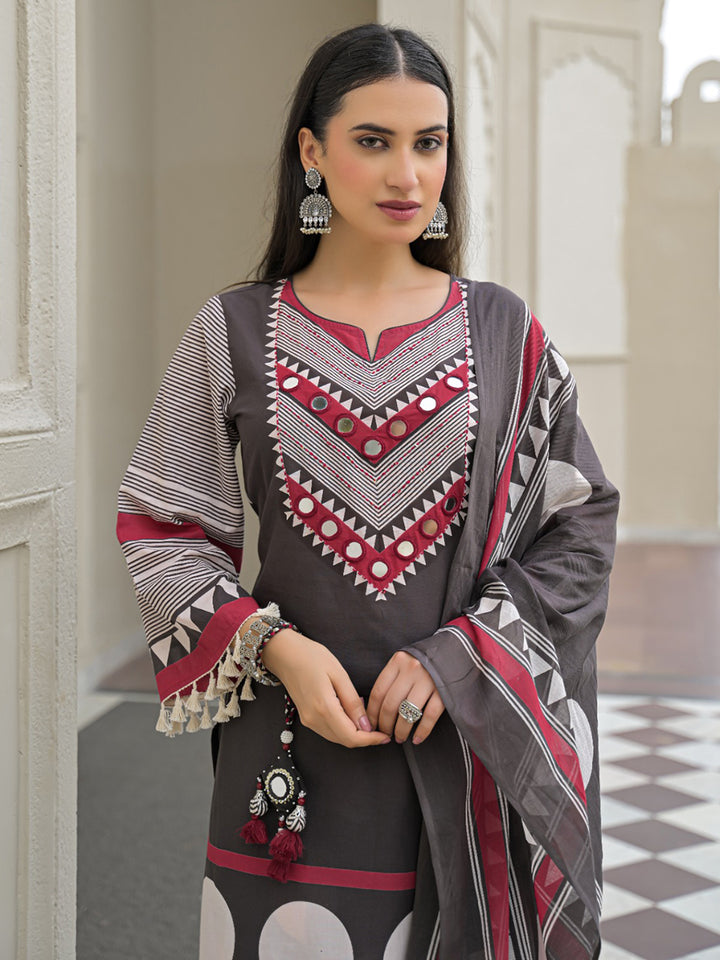 Grey Embroidered Cotton Blend Kurta With Pant &amp; Dupatta
