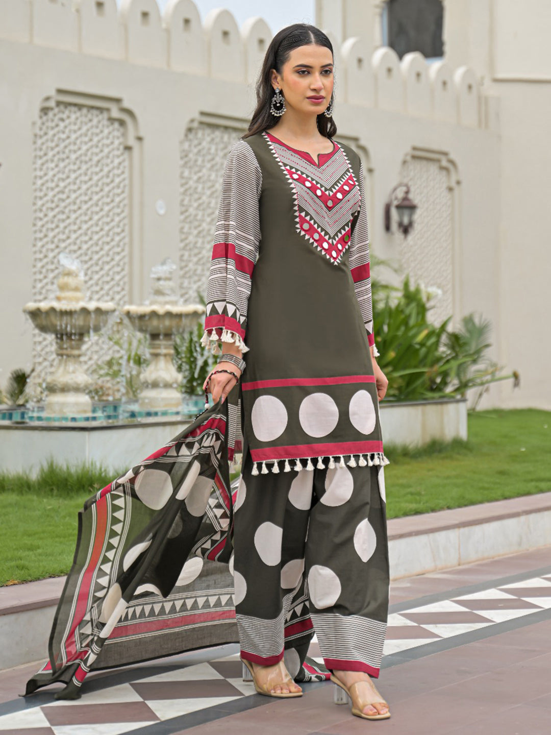 Mehndi Embroidered Cotton Blend Kurta With Pant &amp; Dupatta