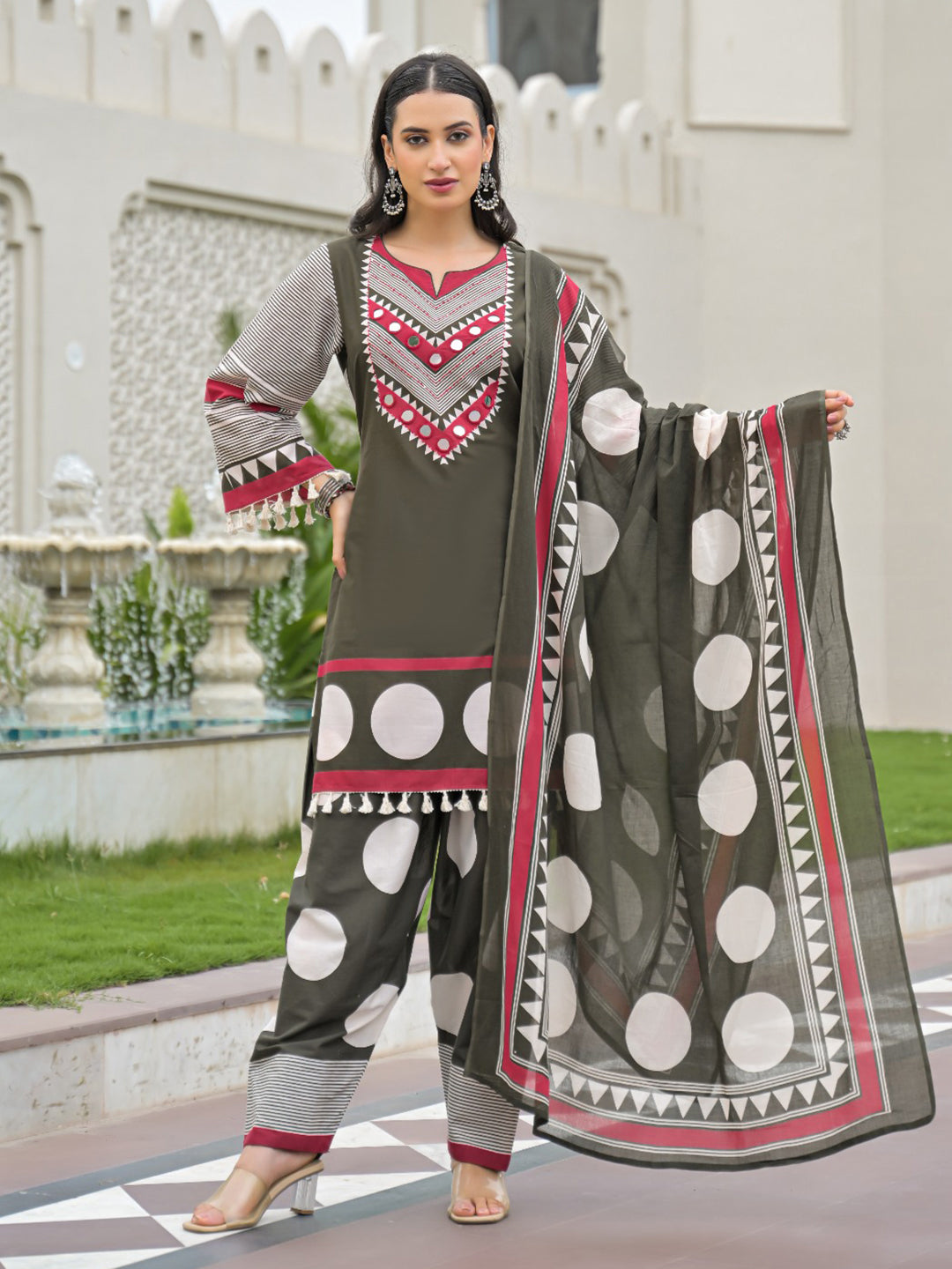 Mehndi Embroidered Cotton Blend Kurta With Pant &amp; Dupatta