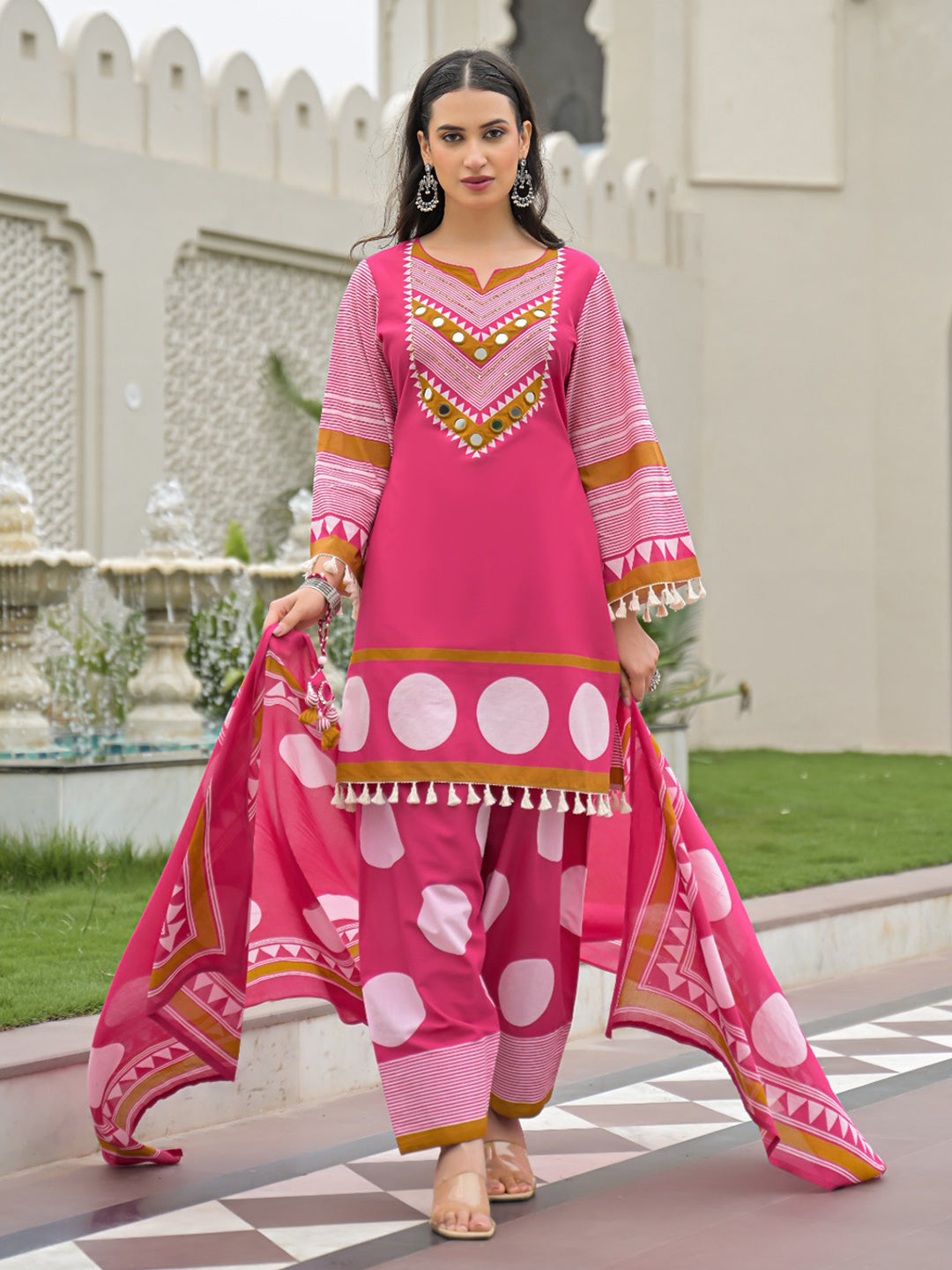 Rani Embroidered Cotton Blend Kurta With Pant &amp; Dupatta