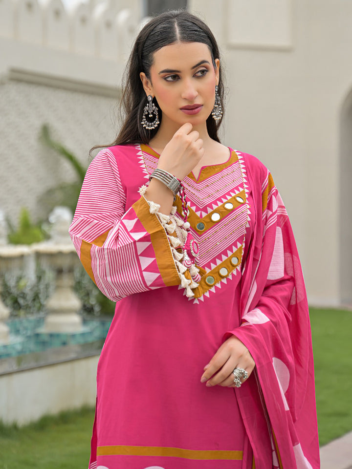Rani Embroidered Cotton Blend Kurta With Pant &amp; Dupatta