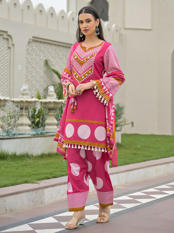 Rani Embroidered Cotton Blend Kurta With Pant &amp; Dupatta