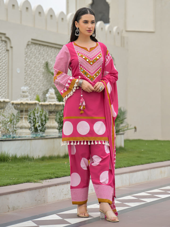 Rani Embroidered Cotton Blend Kurta With Pant &amp; Dupatta