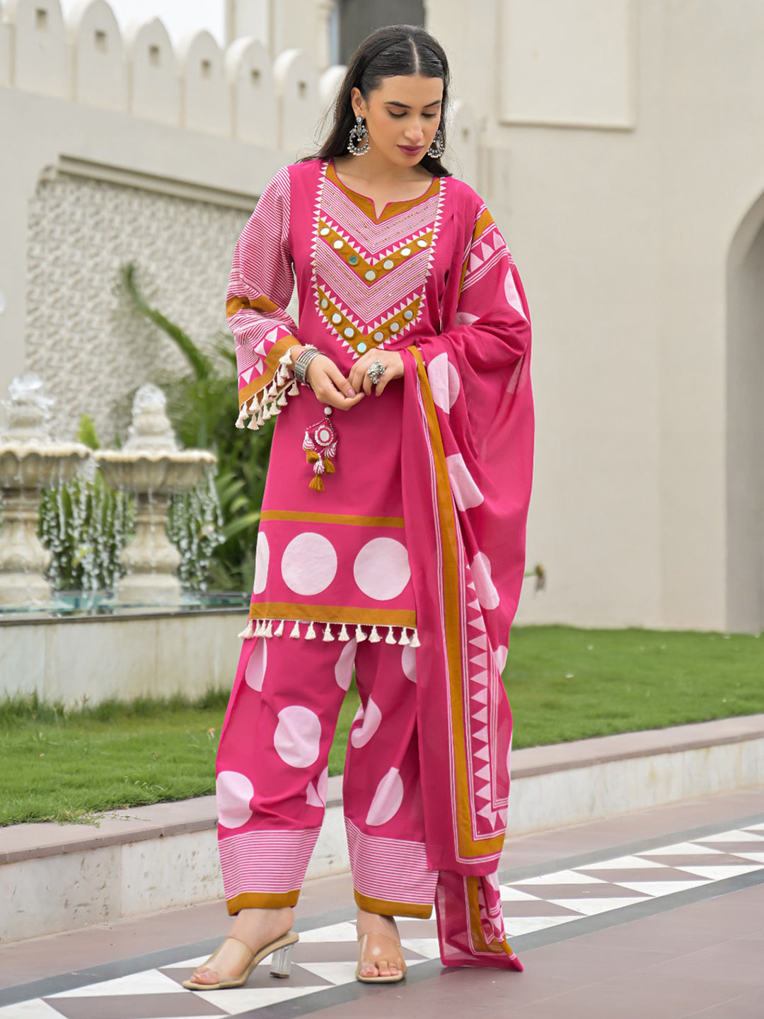Rani Embroidered Cotton Blend Kurta With Pant &amp; Dupatta