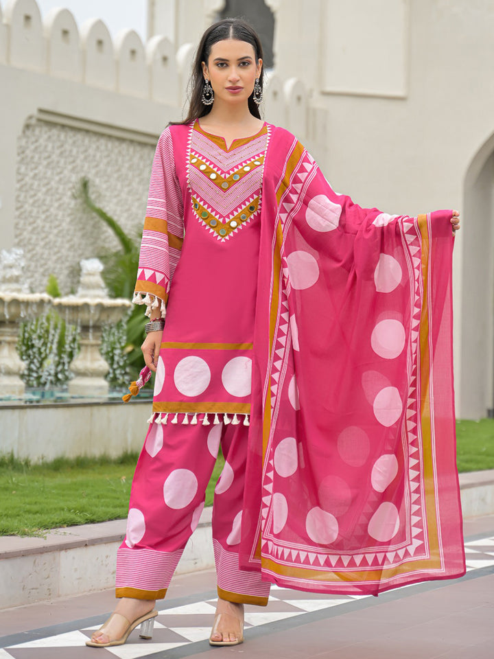 Rani Embroidered Cotton Blend Kurta With Pant &amp; Dupatta