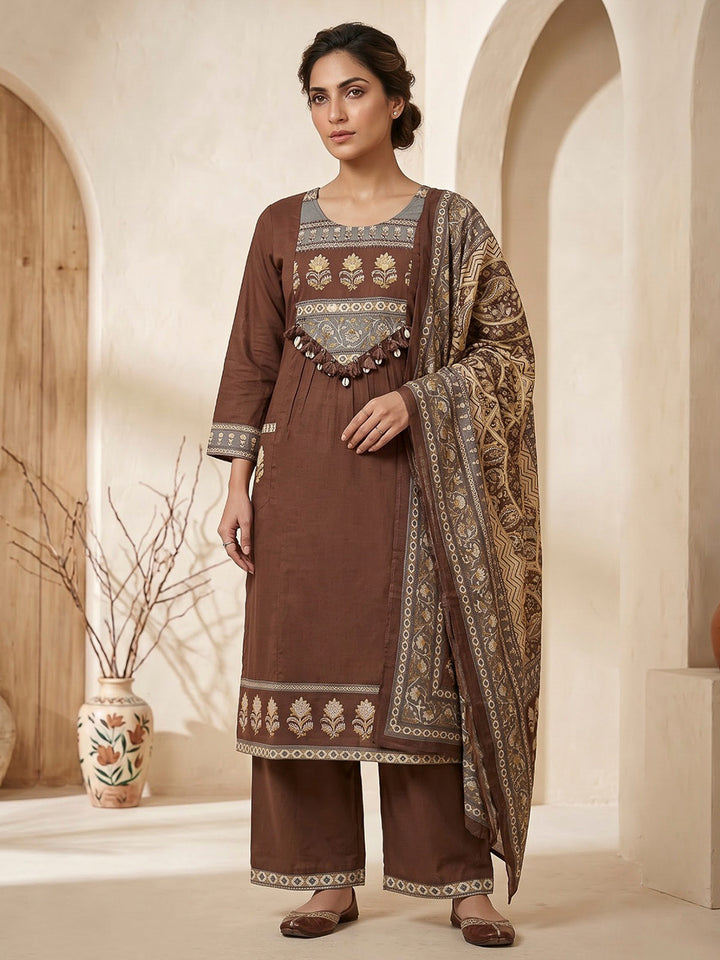 Brown Printed Cotton Blend Kurta With Pant &amp; Dupatta