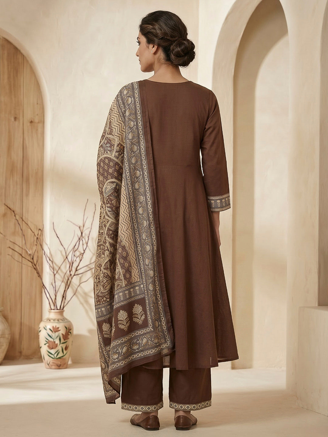 Brown Printed Cotton Blend Kurta With Pant &amp; Dupatta