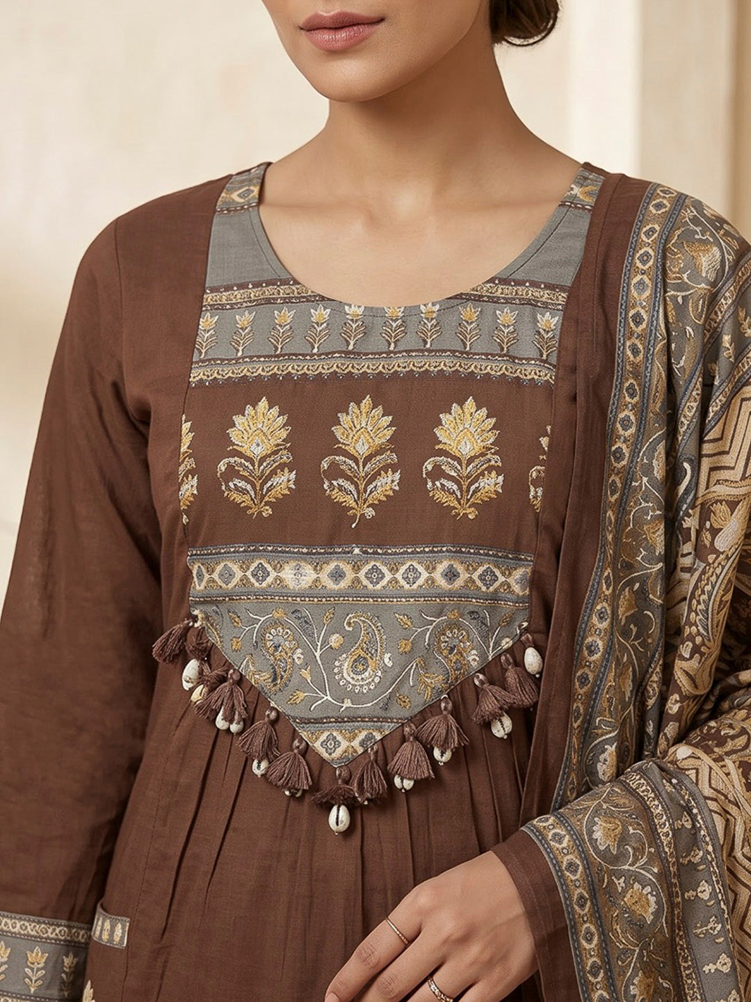 Brown Printed Cotton Blend Kurta With Pant &amp; Dupatta