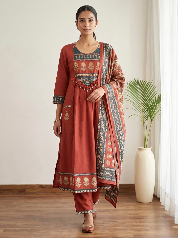Red Printed Cotton Blend Kurta With Pant &amp; Dupatta