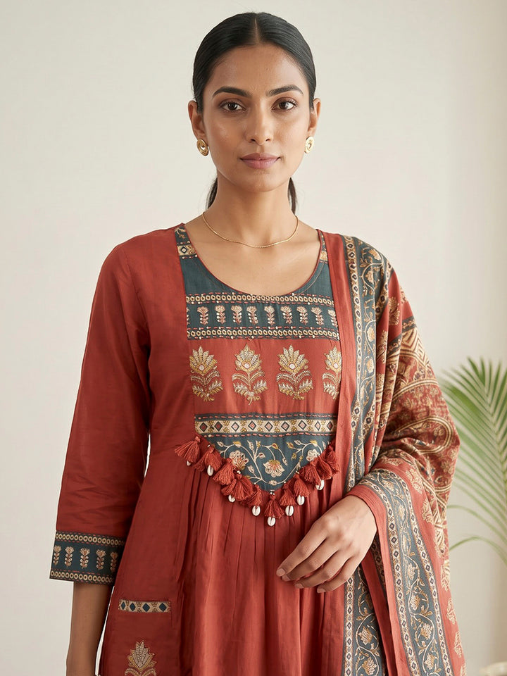Red Printed Cotton Blend Kurta With Pant &amp; Dupatta