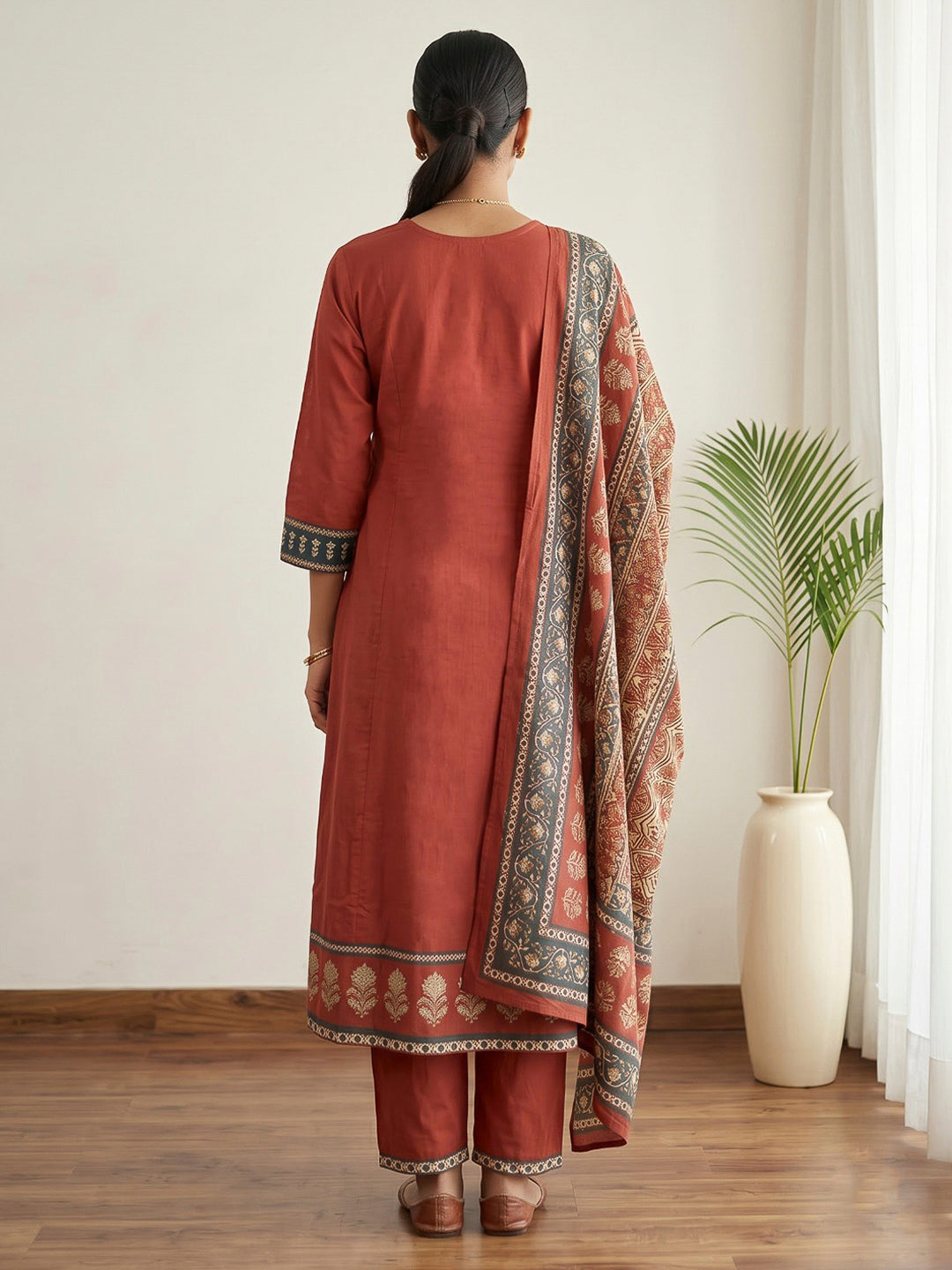 Red Printed Cotton Blend Kurta With Pant &amp; Dupatta