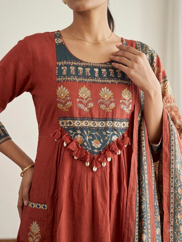 Red Printed Cotton Blend Kurta With Pant &amp; Dupatta