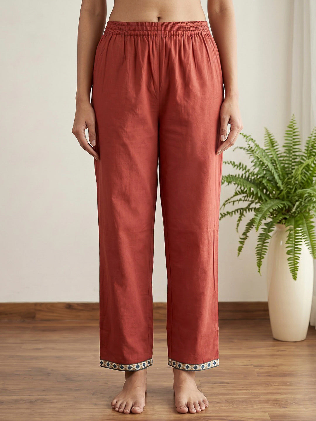 Red Printed Cotton Blend Kurta With Pant &amp; Dupatta