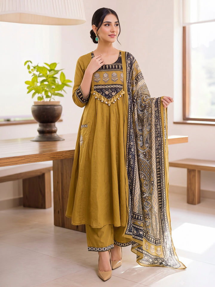 Yellow Printed Cotton Blend Kurta With Pant &amp; Dupatta