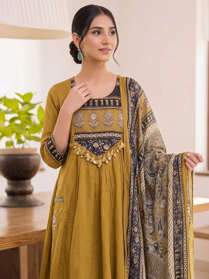 Yellow Printed Cotton Blend Kurta With Pant &amp; Dupatta