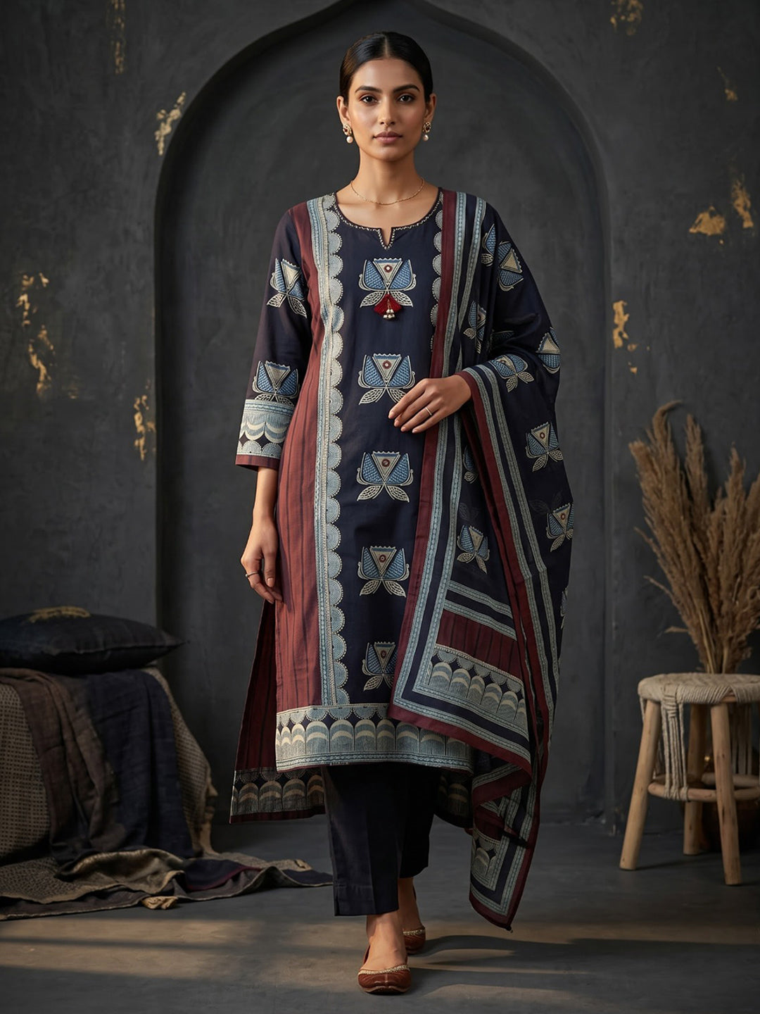 Black Embroidered Cotton Blend Kurta With Pant &amp; Dupatta