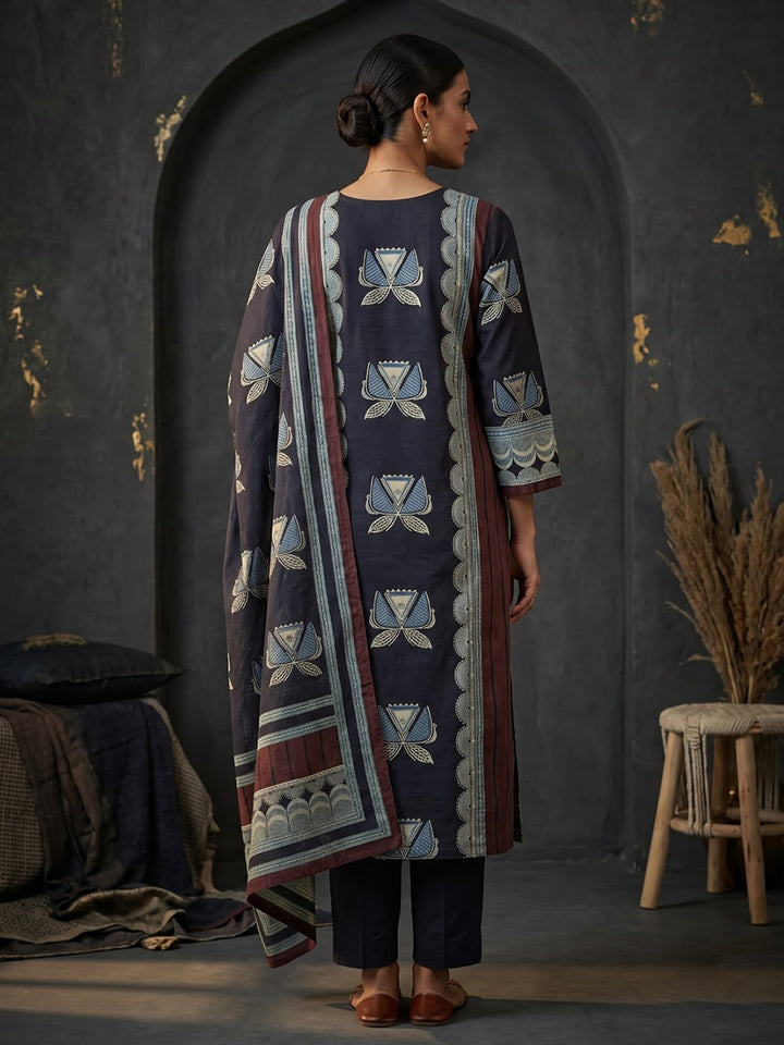 Black Embroidered Cotton Blend Kurta With Pant &amp; Dupatta