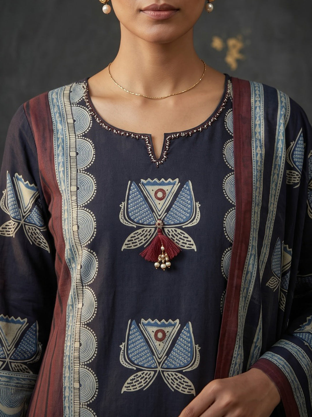 Black Embroidered Cotton Blend Kurta With Pant &amp; Dupatta