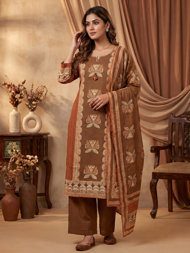 Brown Embroidered Cotton Blend Kurta With Pant &amp; Dupatta