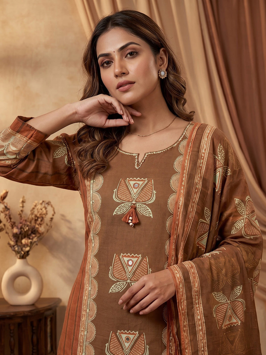 Brown Embroidered Cotton Blend Kurta With Pant &amp; Dupatta
