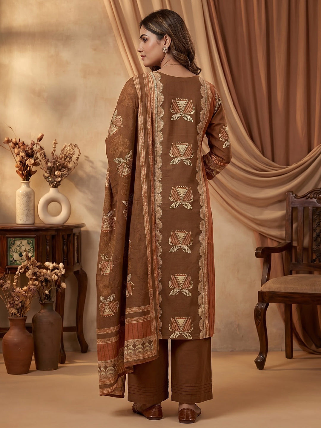 Brown Embroidered Cotton Blend Kurta With Pant &amp; Dupatta