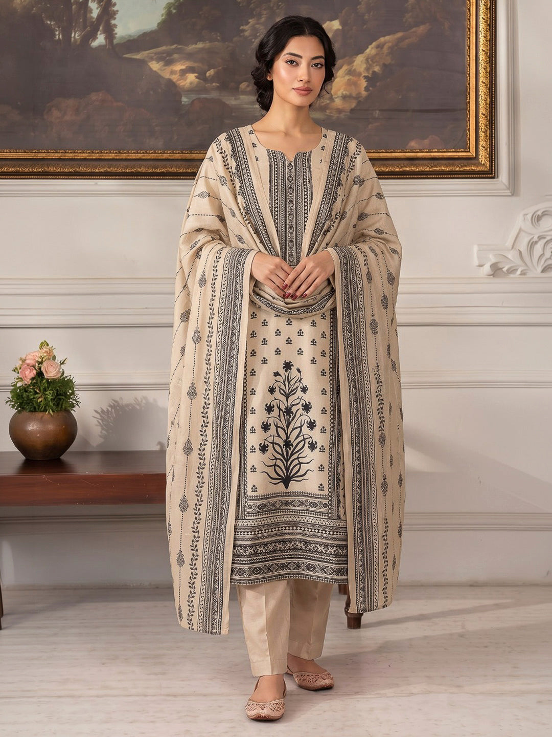 Black Printed Muslin Kurta With Pant &amp; Dupatta