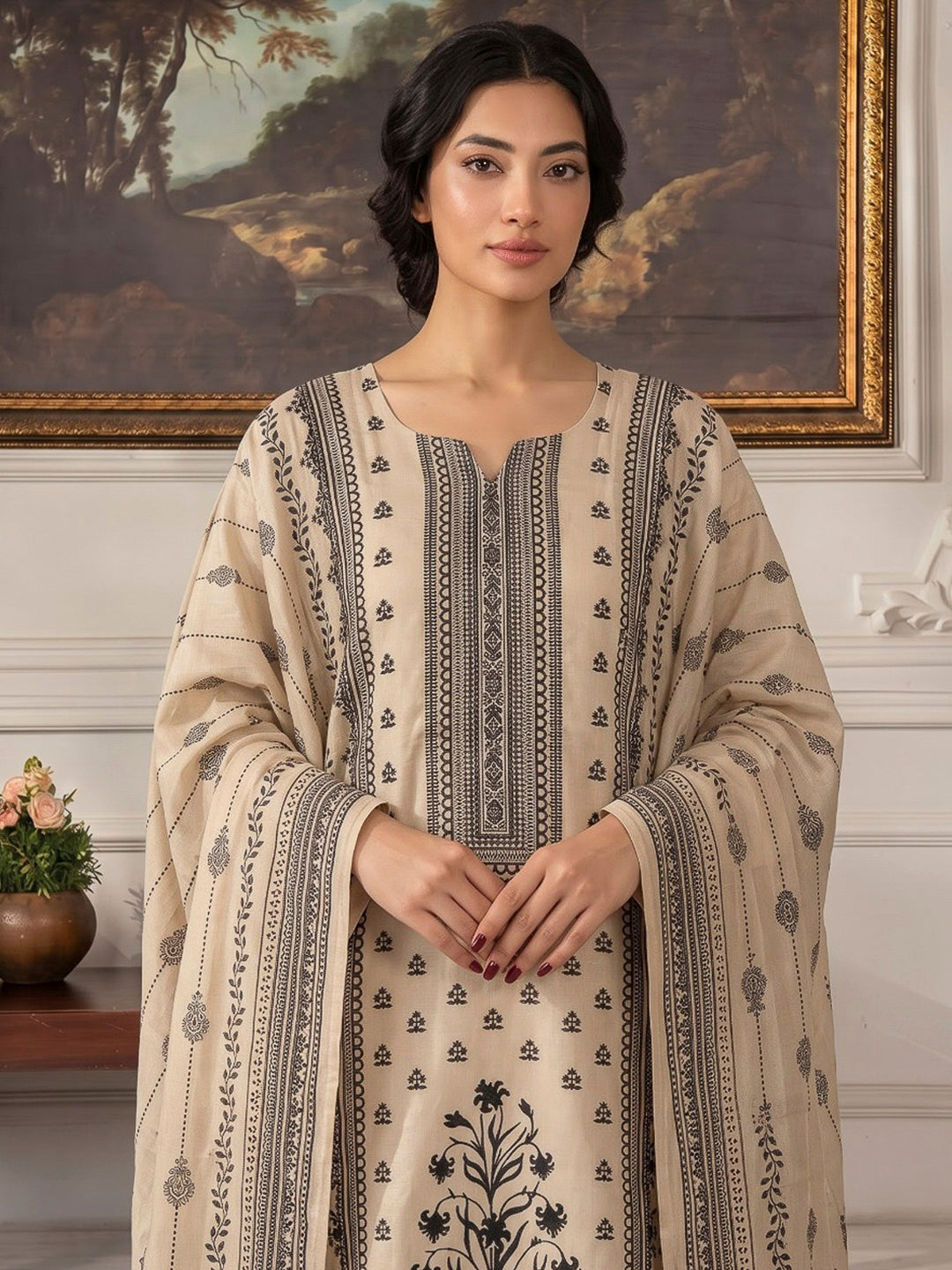 Black Printed Muslin Kurta With Pant &amp; Dupatta