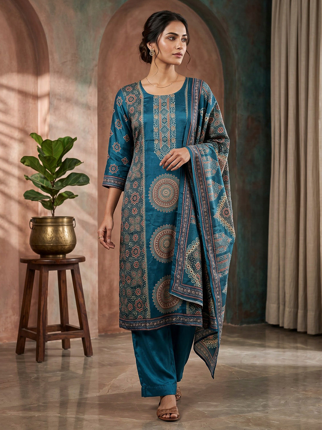 Blue Embroidered Art Silk Kurta With Pant &amp; Dupatta