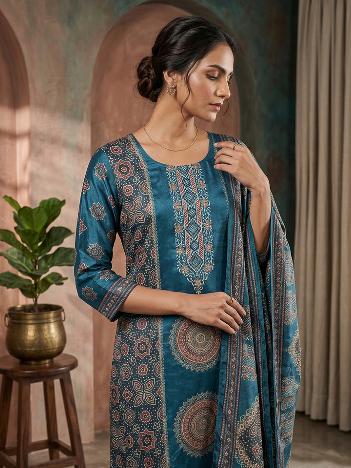 Blue Embroidered Art Silk Kurta With Pant &amp; Dupatta