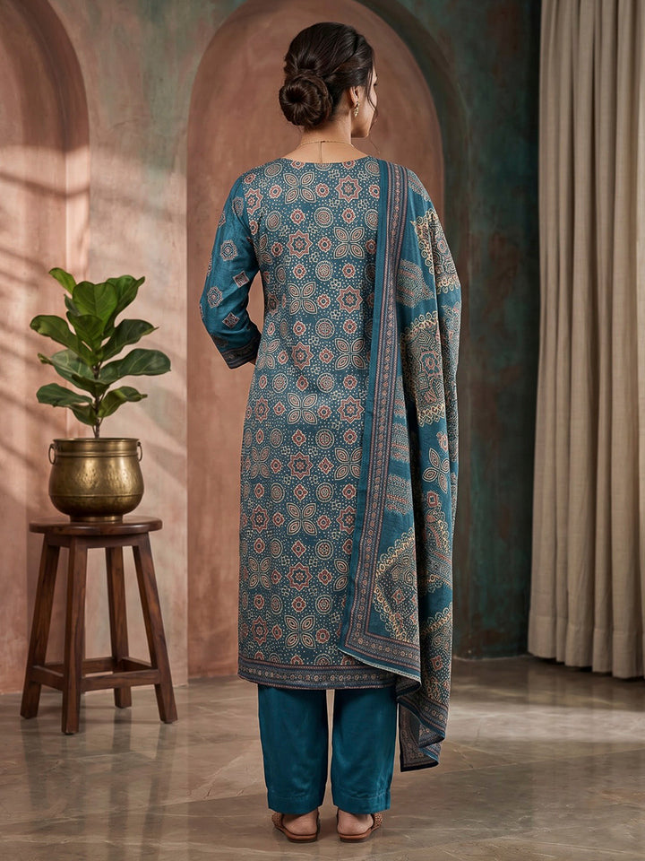Blue Embroidered Art Silk Kurta With Pant &amp; Dupatta