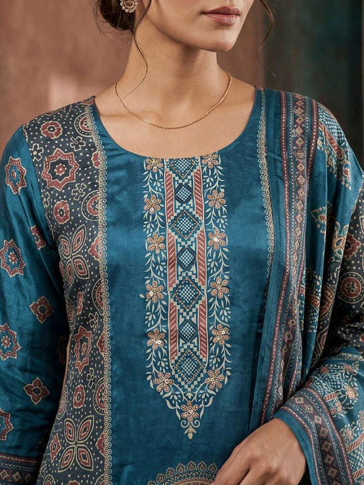 Blue Embroidered Art Silk Kurta With Pant &amp; Dupatta