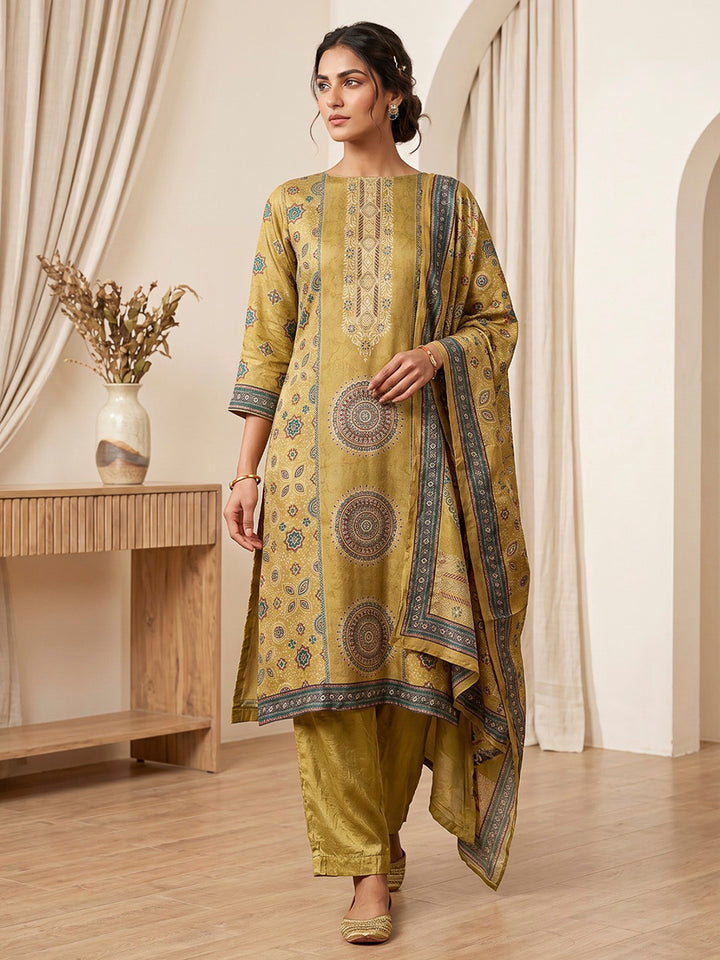 Mustard Embroidered Art Silk Kurta With Pant &amp; Dupatta