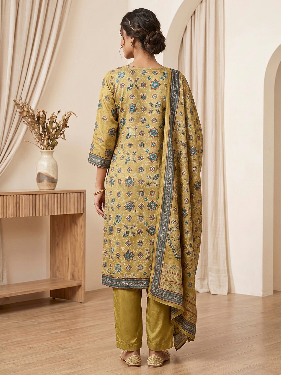 Mustard Embroidered Art Silk Kurta With Pant &amp; Dupatta