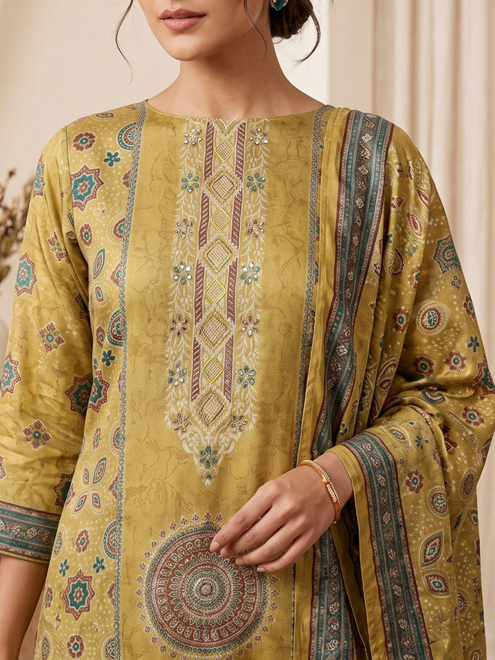Mustard Embroidered Art Silk Kurta With Pant &amp; Dupatta