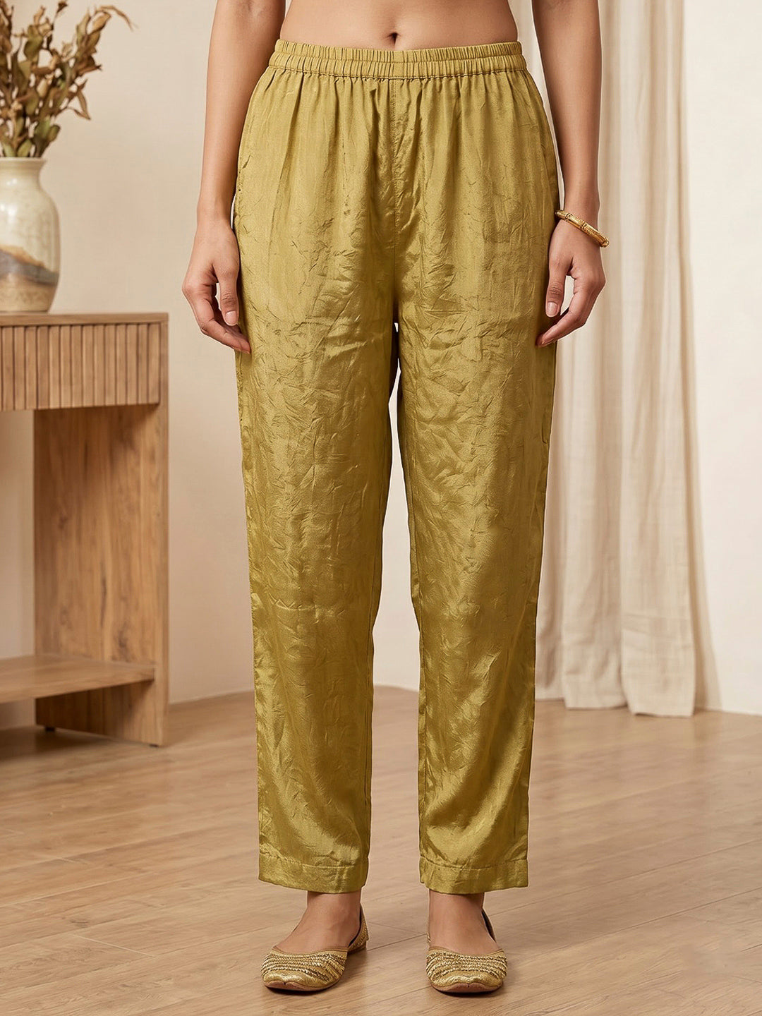 Mustard Embroidered Art Silk Kurta With Pant &amp; Dupatta